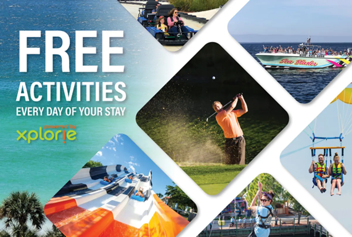 A vibrant collage-like exterior shot featuring people parasailing over turquoise waters, a golfer mid-swing on a lush green course, colorful water park slides, and a speed boat with tourists enjoying a dolphin or sunset cruise. The scene is energetic and action-packed, capturing a variety of activities that epitomize the VIP adventure experience.