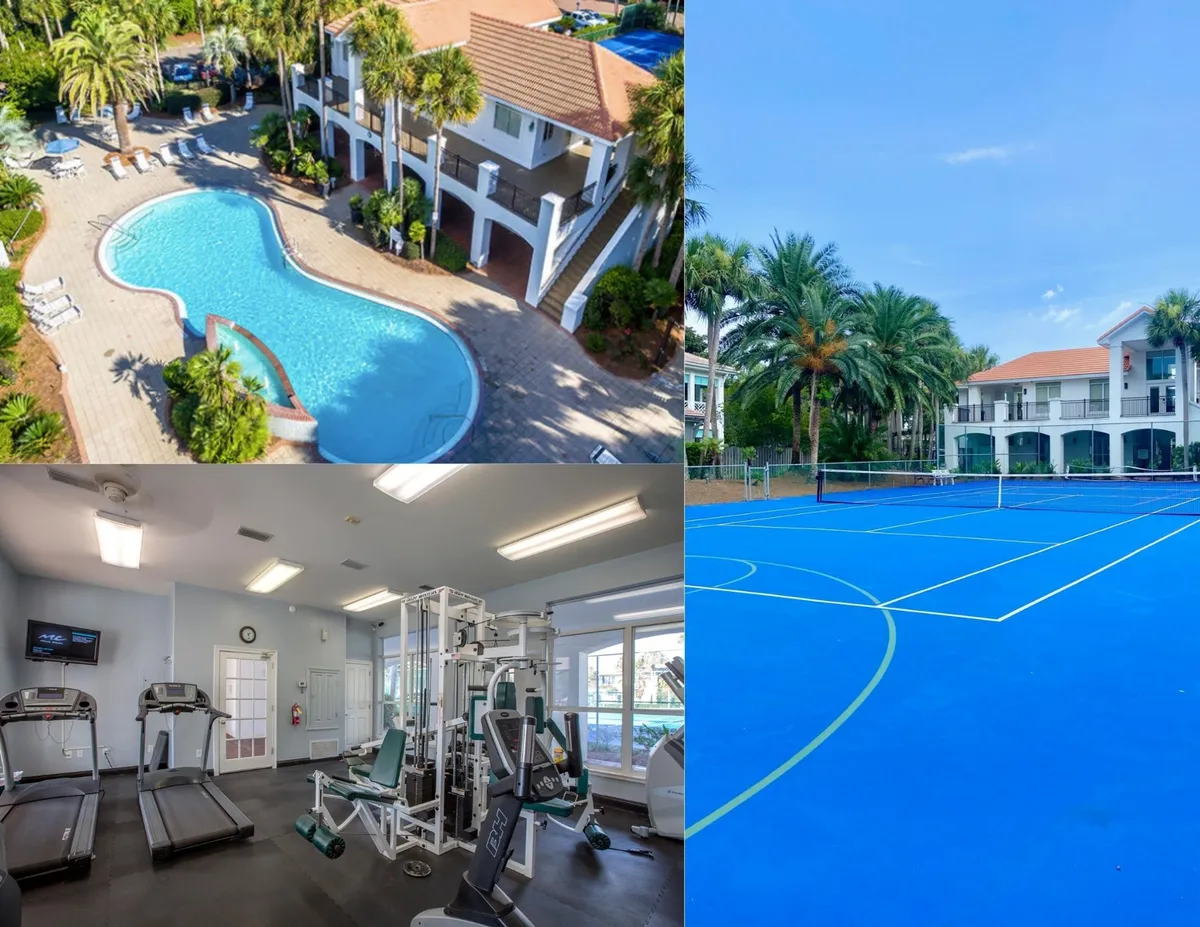 An inviting exterior view of a heated community swimming pool with a waterfall feature, adjacent bright blue tennis and basketball courts, and a modern, glass-walled fitness center. The setting is sun-drenched and lively, radiating a resort-style atmosphere ideal for active families and groups seeking daily fun and relaxation.